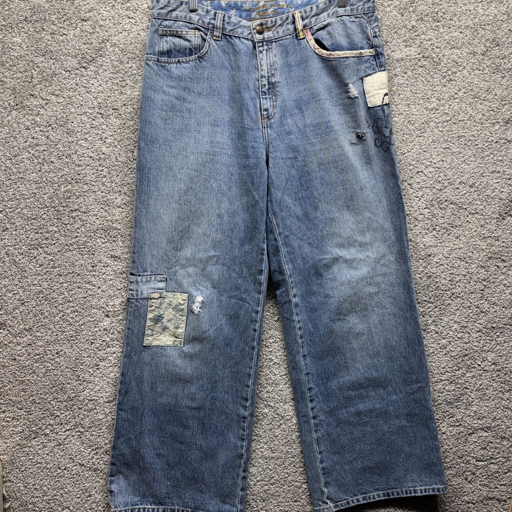 Ralph Lauren Jeans Co Blue Denim Patchwork Size 12 (34x32) Distressed Wide Leg